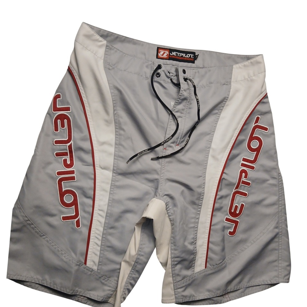 Jetpilot Mens Grey White Board Shorts Size 34 Lycra Fly Embroidered Logo Trunks